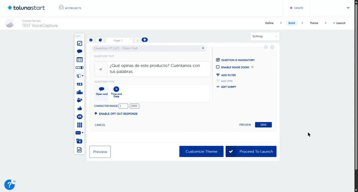 Toluna Start question editor with the EDIT SCRIPT option next to the open-ended question