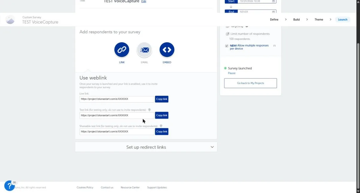 Toluna Start Launch page with the live link, test link and shareable test link