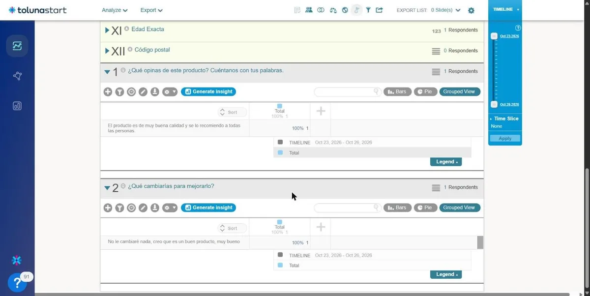 Toluna Start Analyze view listing the transcribed spoken answers under both open-ended questions