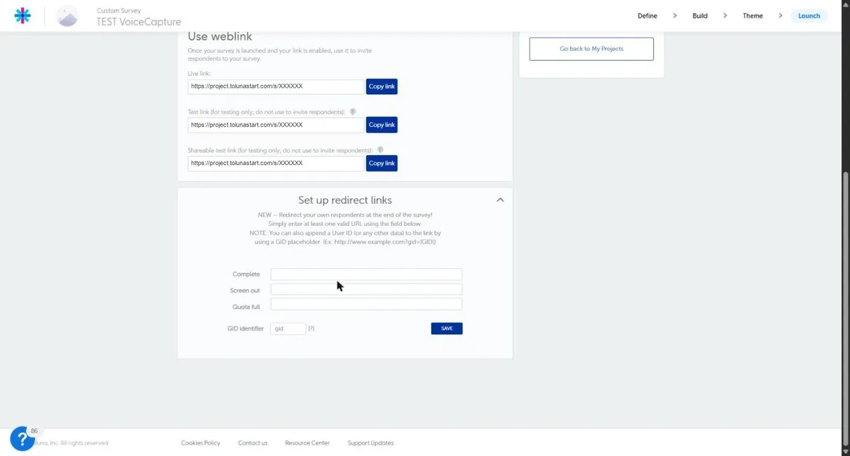 Toluna Start redirect links settings with the GID placeholder and the GID identifier field