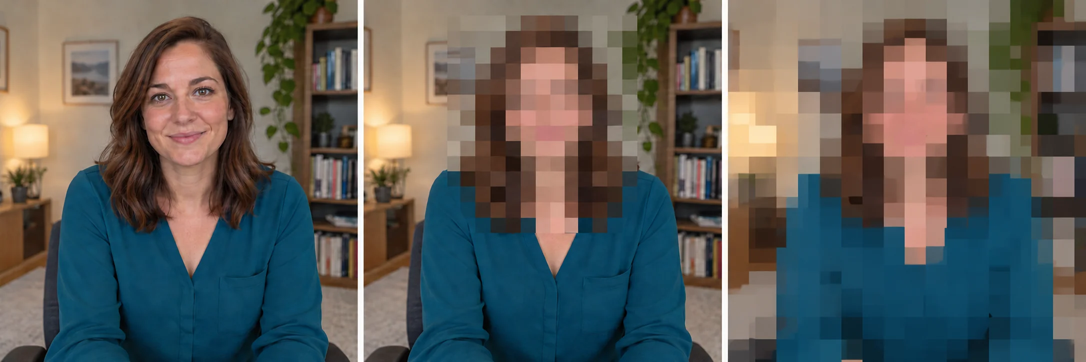 Tríptico ilustrativo de una mujer ficticia generada con IA: imagen original, rostro pixelado y protección de imagen completa.